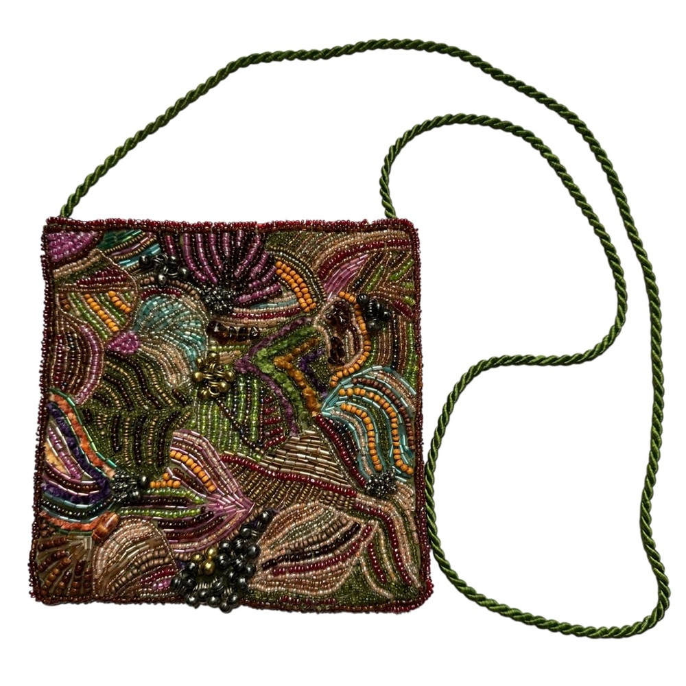 India Multicolored Beaded Boho Crossbody Purse w Bell Accents